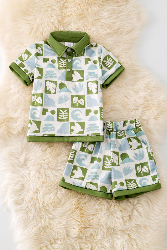 Multi-printed tropical green and blue checker boys 2 piece set. OFB50130