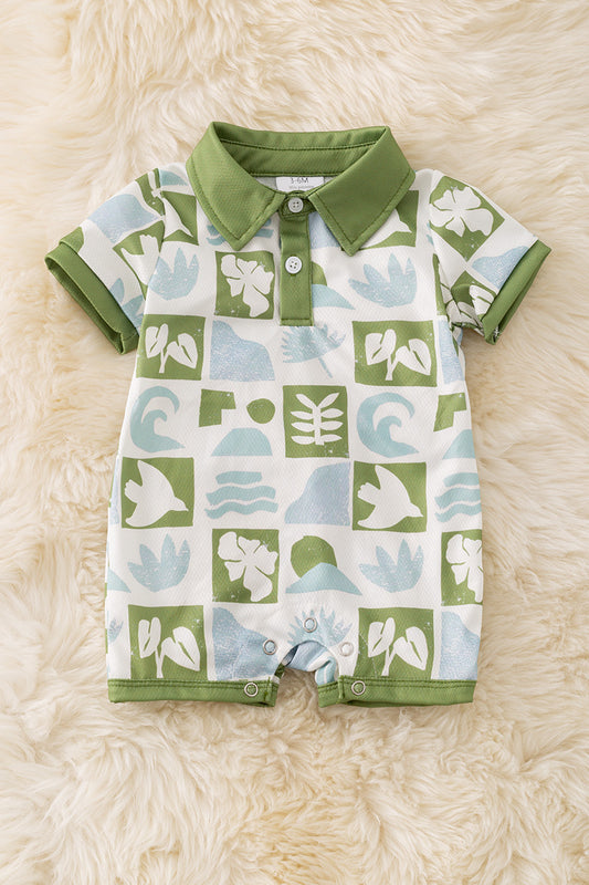 Multi-printed tropical green and blue checker boys baby romper. RPB50288