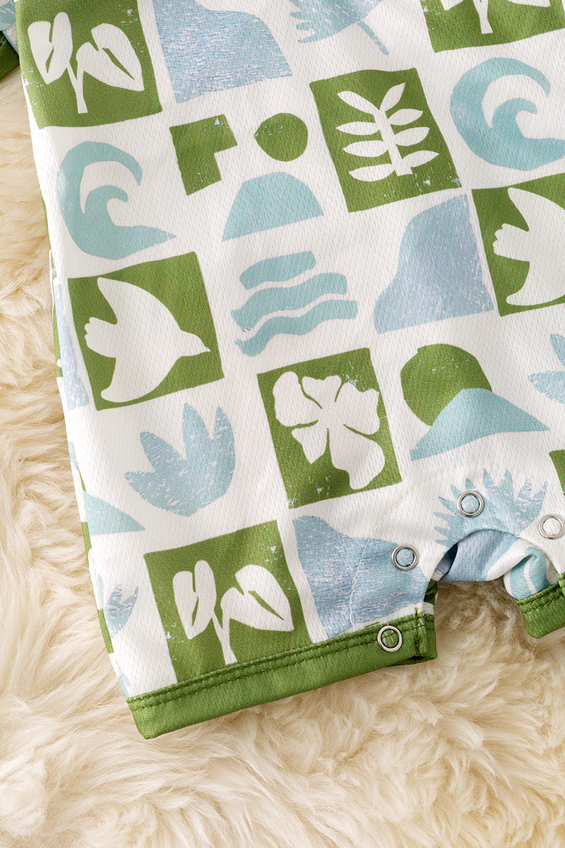 Multi-printed tropical green and blue checker boys baby romper. RPB50288