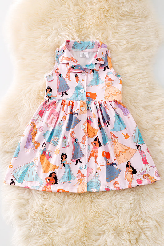 Multi-printed Cartoon Pr*ncess dress with collar. DRG51909