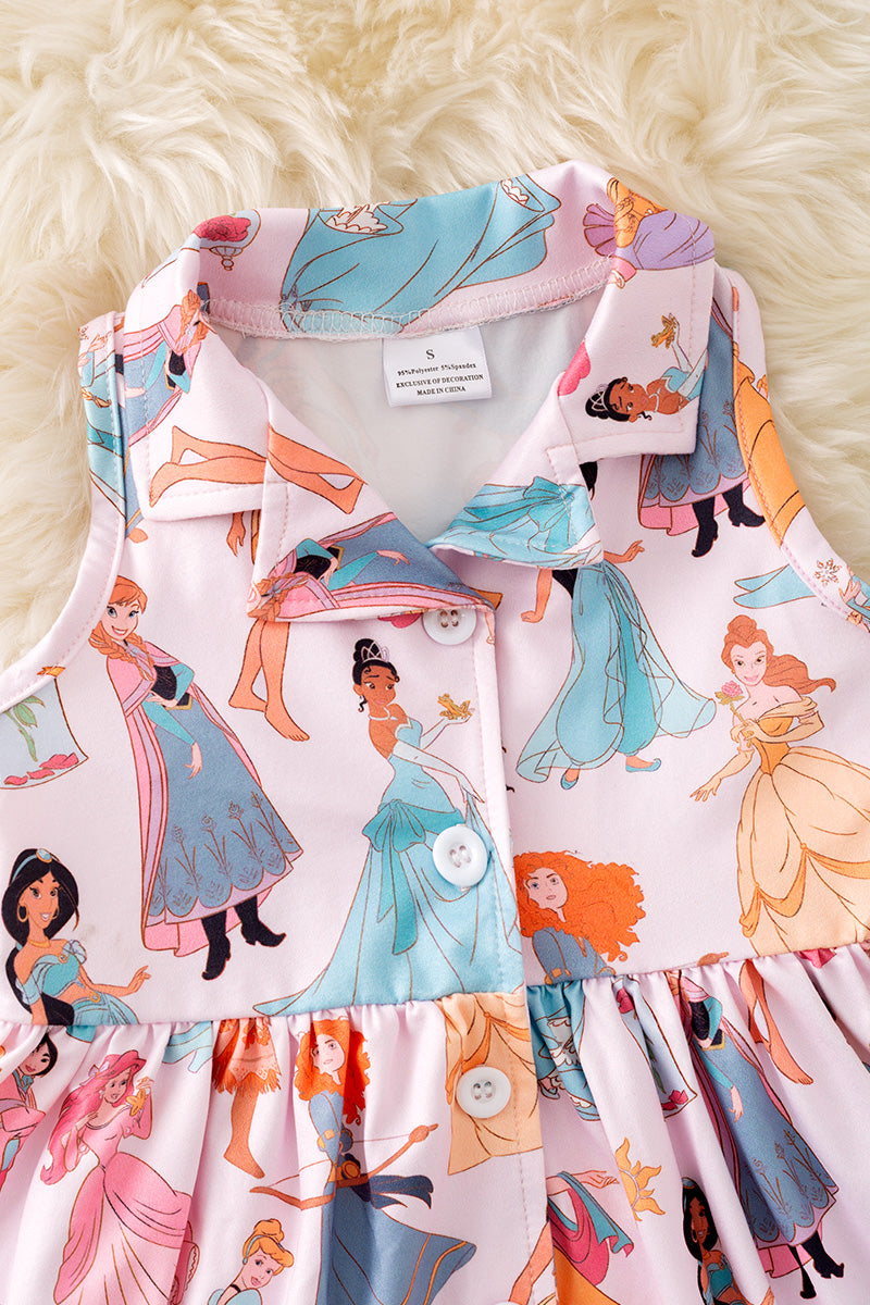 Multi-printed Cartoon Pr*ncess dress with collar. DRG51909