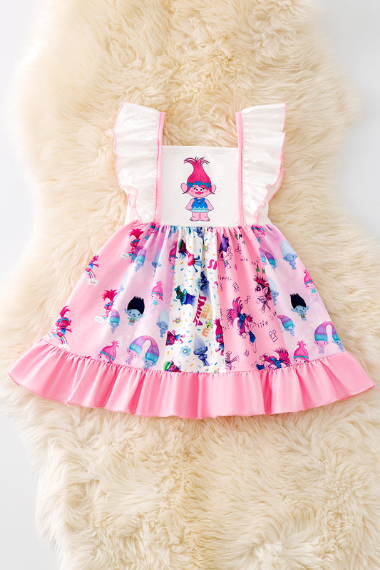 Multi-Printed cartoon character printed ruffle hem dress. DRG51319