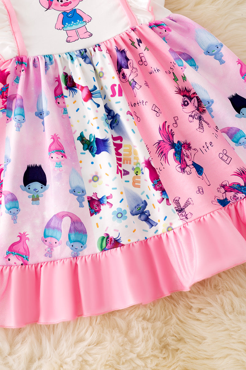 Multi-Printed cartoon character printed ruffle hem dress. DRG51319