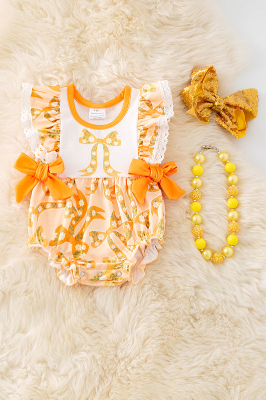 Yellow coquette bow printed girls baby romper. RPG51306