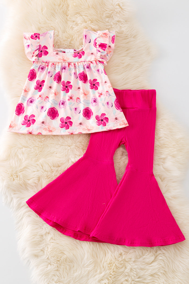 Fuchsia flower printed tunic & ribbed bell bottoms. OFG50911