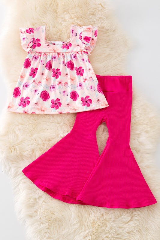 Fuchsia flower printed tunic & ribbed bell bottoms. OFG50911