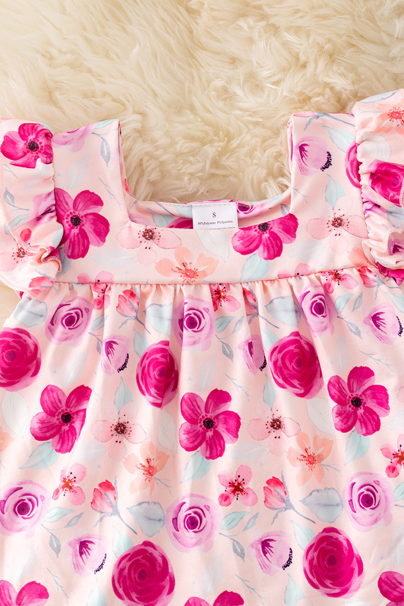 Fuchsia flower printed tunic & ribbed bell bottoms. OFG50911