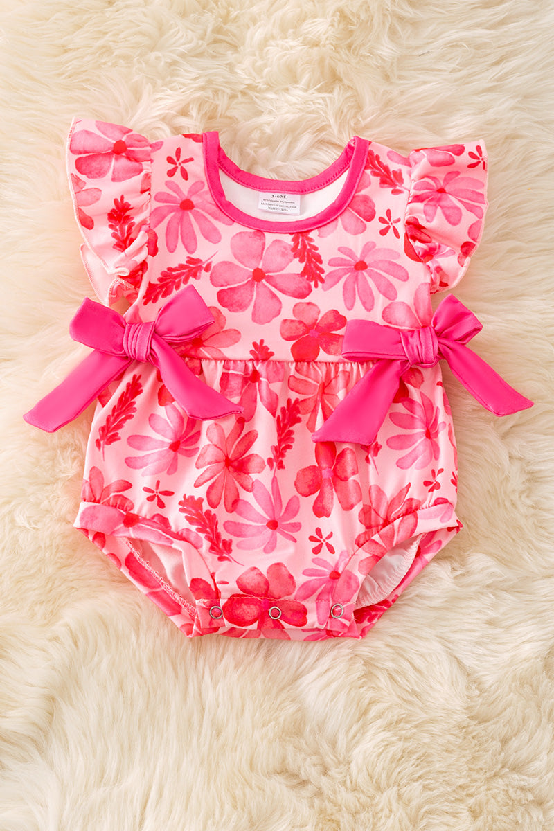 Fuchsia floral baby romper w/side bows. RPG50746