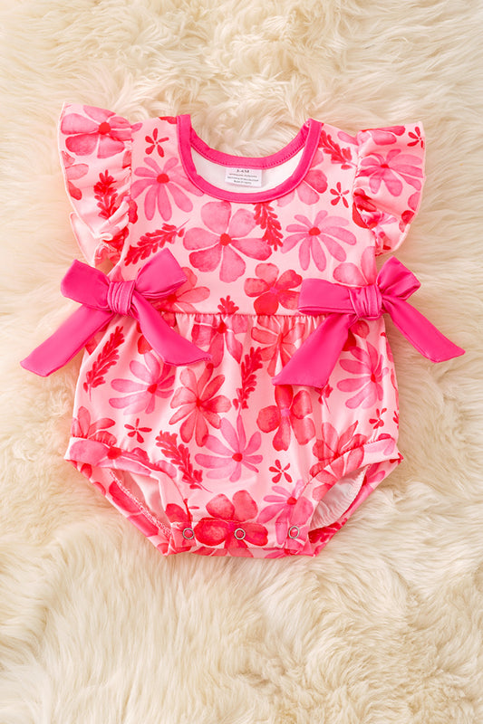 Fuchsia floral baby romper w/side bows. RPG50746