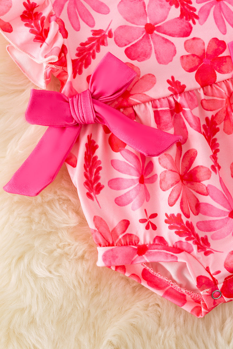 Fuchsia floral baby romper w/side bows. RPG50746