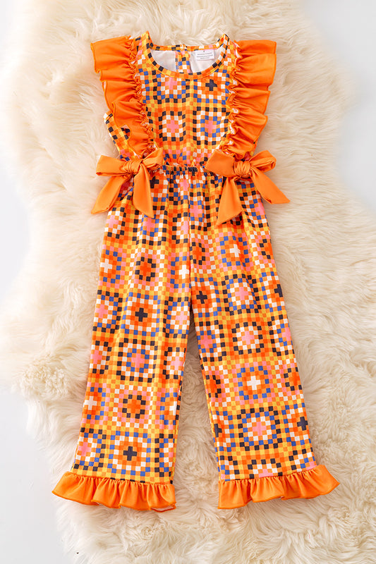 Orange multi-printed pattern printed girls romper. PNG50227