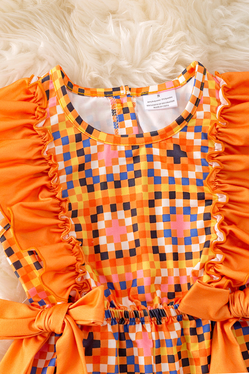Orange multi-printed pattern printed girls romper. PNG50227