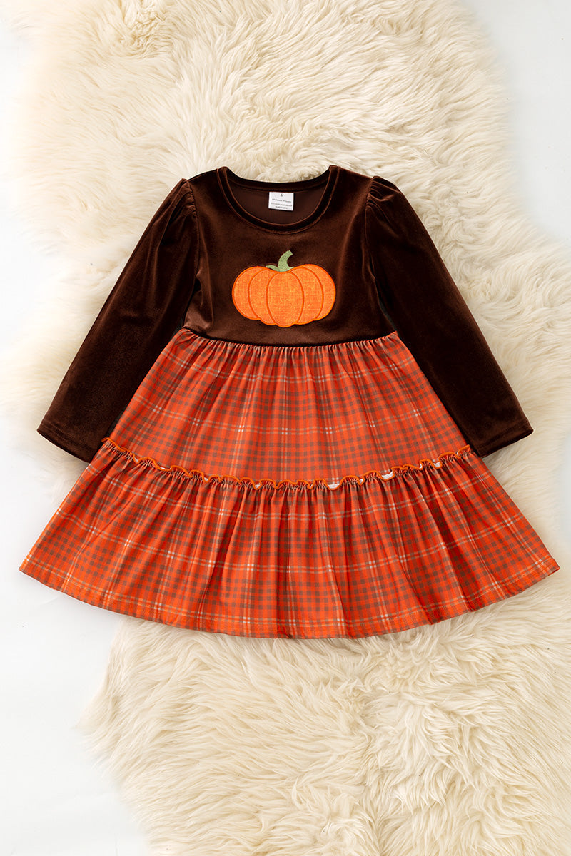 Brown faux velvety ruffle dress. DRG63088 -M-