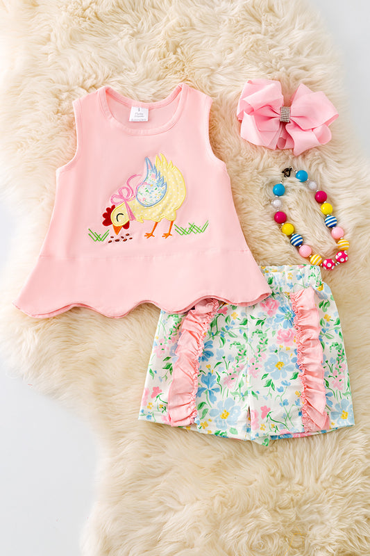 Chicken applique scalloped hem top and floral ruffle shorts. OFG50357