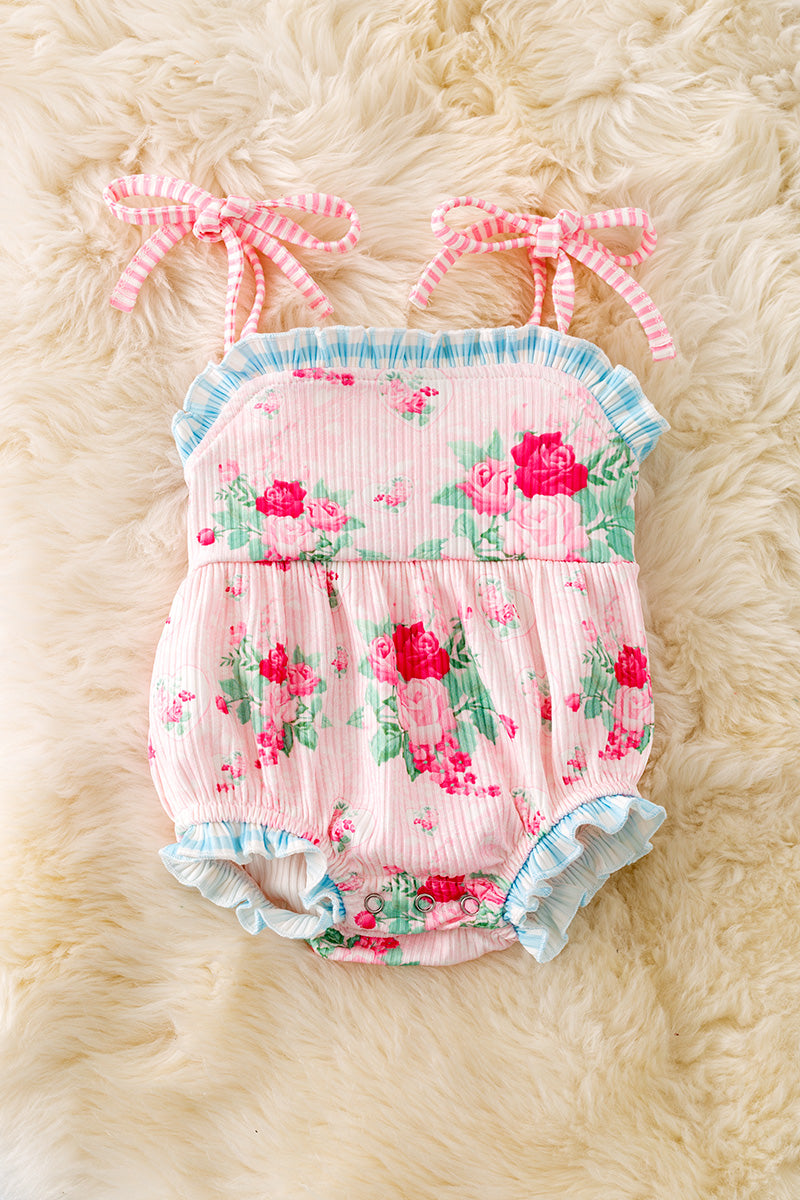 LT.Pink rose and heart printed baby romper w/gingham trim. RPG50748