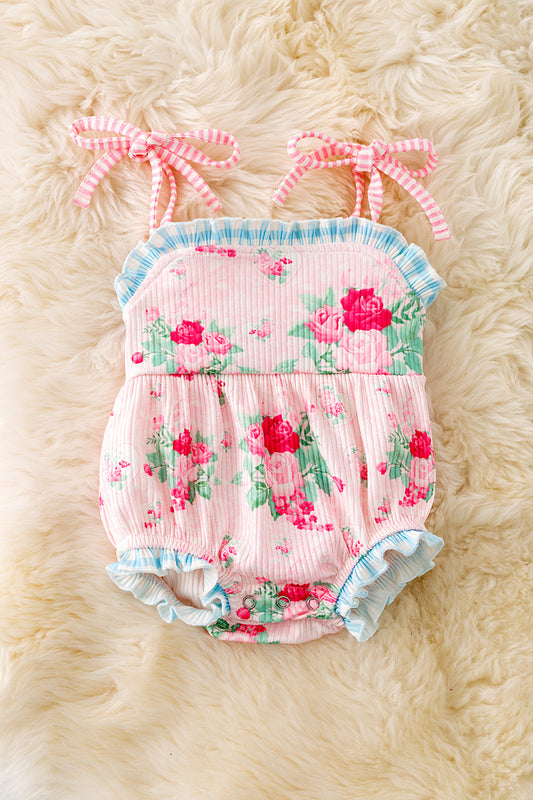 LT.Pink rose and heart printed baby romper w/gingham trim. RPG50748