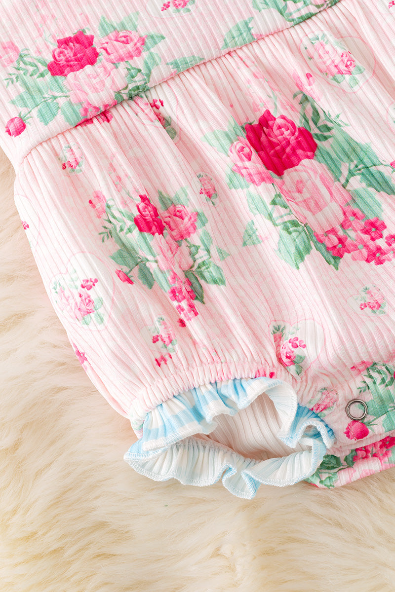 LT.Pink rose and heart printed baby romper w/gingham trim. RPG50748