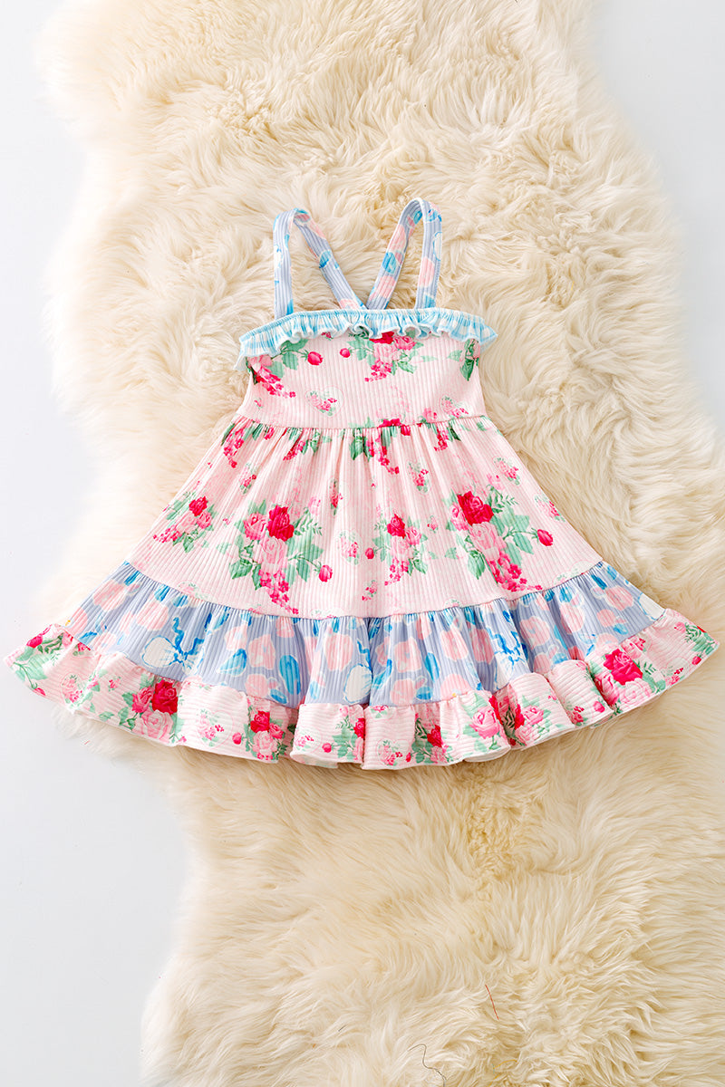 Girls rose and multi printed ruffle dress. DRG41149