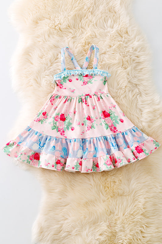 Girls rose and multi printed ruffle dress. DRG41149