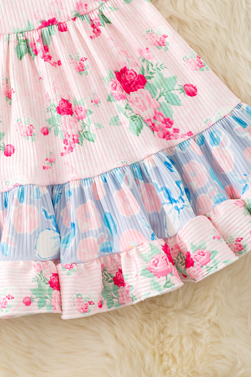 Girls rose and multi printed ruffle dress. DRG41149