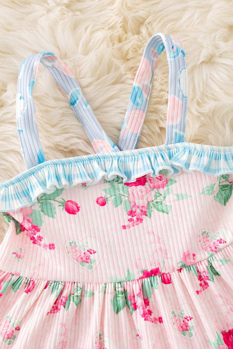 Girls rose and multi printed ruffle dress. DRG41149