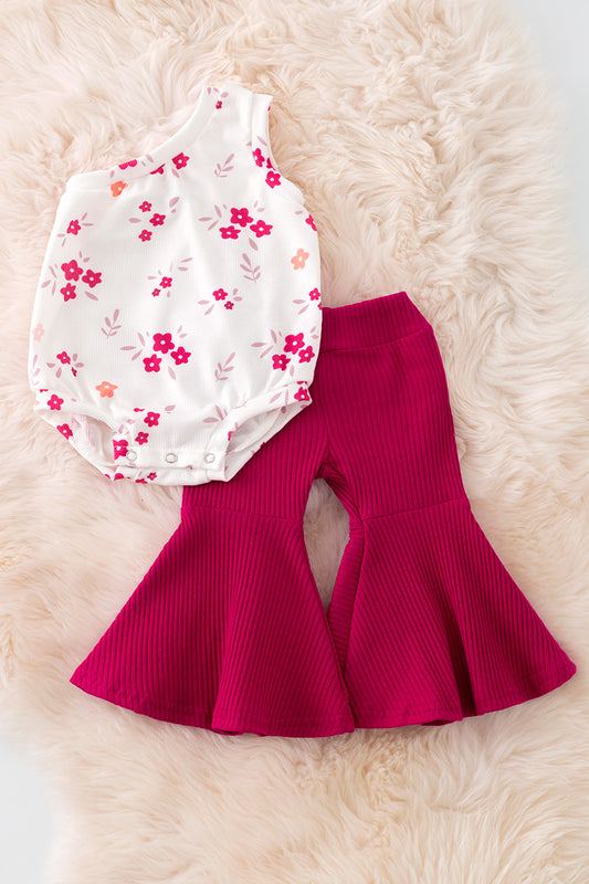 Maroon floral cold shoulder ribbed onesie & ribbed bell bottoms. RPG50977