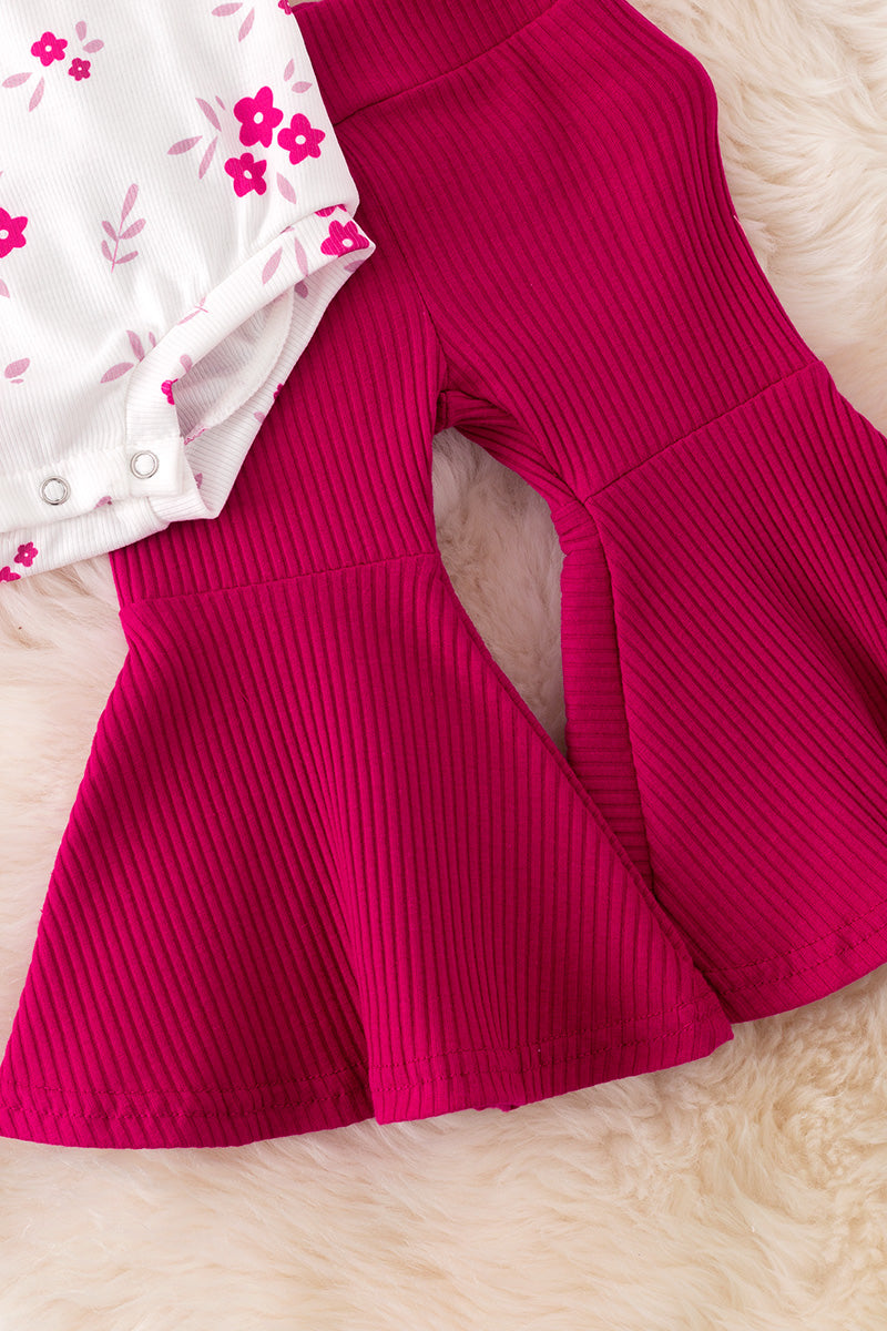 Maroon floral cold shoulder ribbed onesie & ribbed bell bottoms. RPG50977