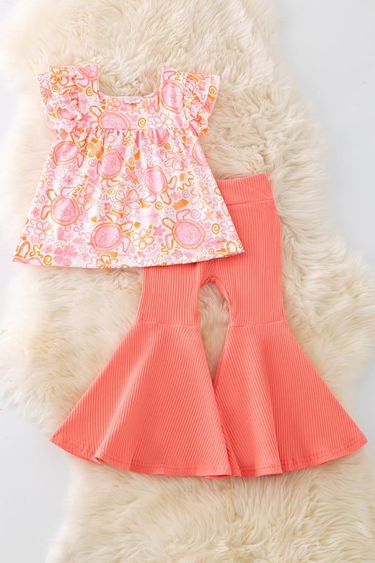 Orange & pink tortoise printed tunic & ribbed bell bottoms. OFG50910