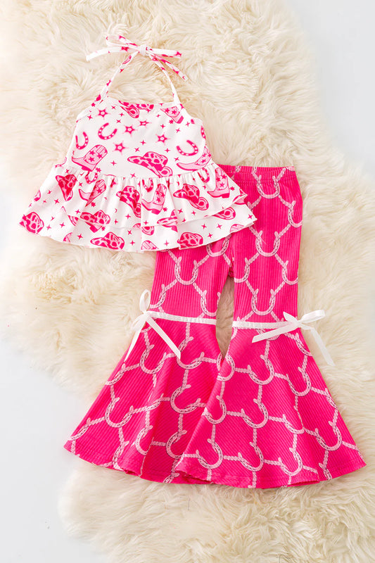 Horseshoe Printed Girls Halter Top and Fuchsia Bell Bottoms. OFG50830