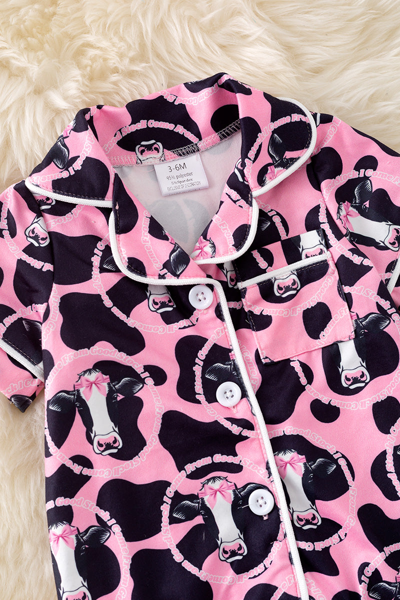 " I come from good stock" Pink cow printed baby pajamas w/snaps. RPG50602