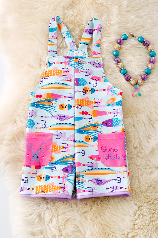 " Gone Fishing" Lt. blue fish bate printed girls romper with pockets. PNG50149