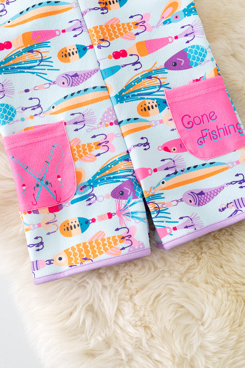 " Gone Fishing" Lt. blue fish bate printed girls romper with pockets. PNG50149