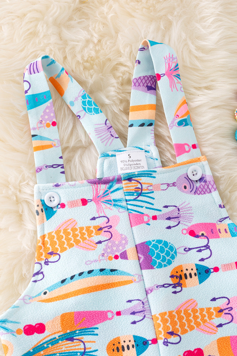" Gone Fishing" Lt. blue fish bate printed girls romper with pockets. PNG50149