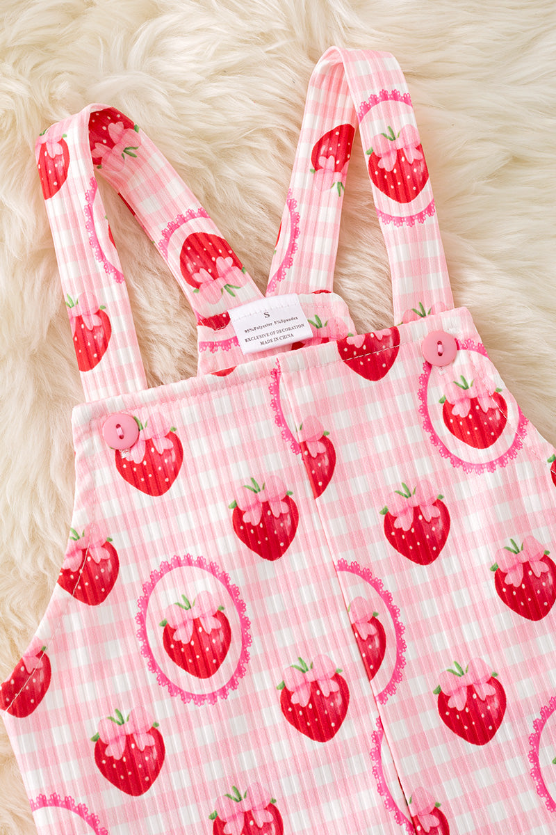 Strawberry printed girls romper with front pockets. PNG50207