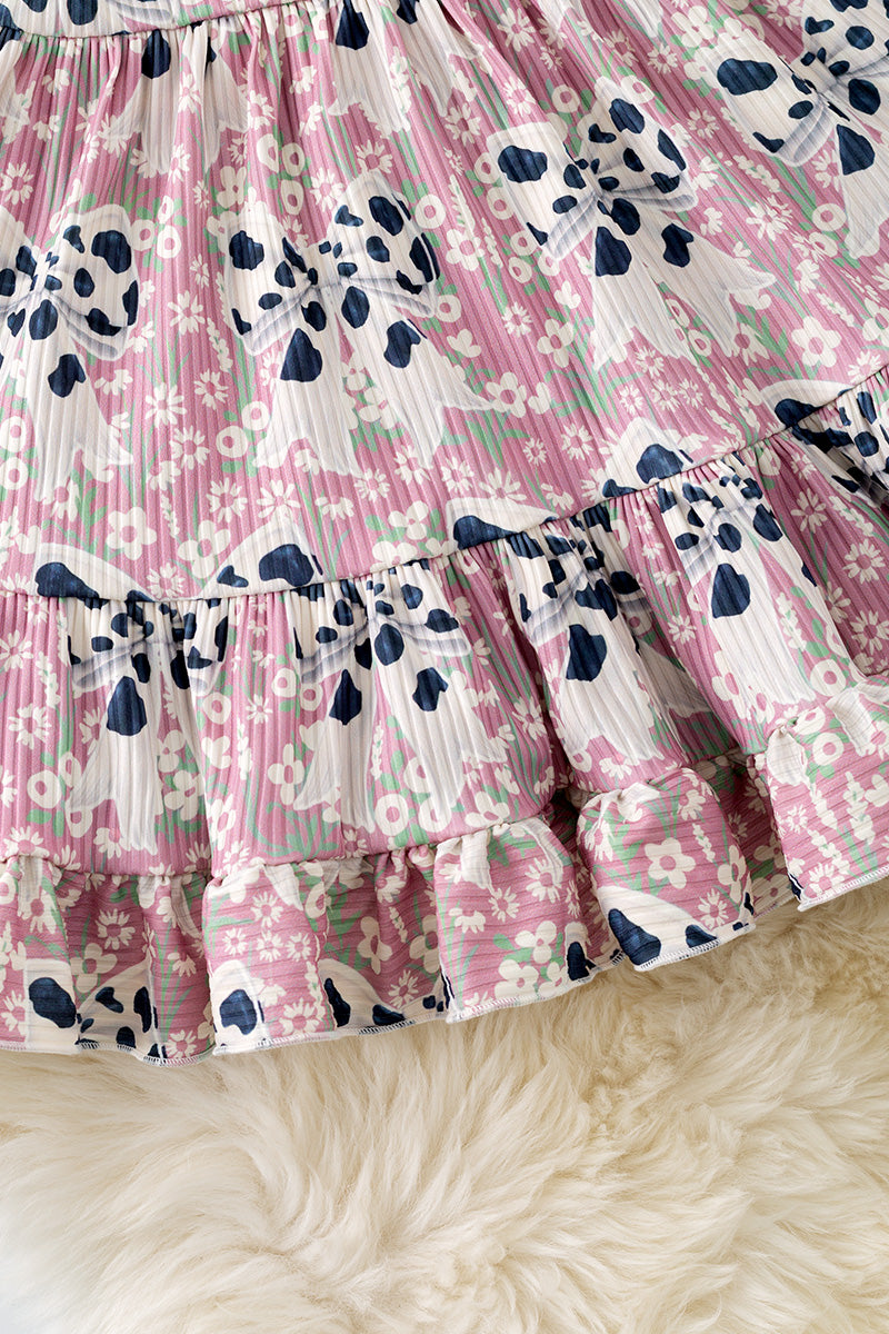 Cow printed coquette bow ruffle dress. DRG51351