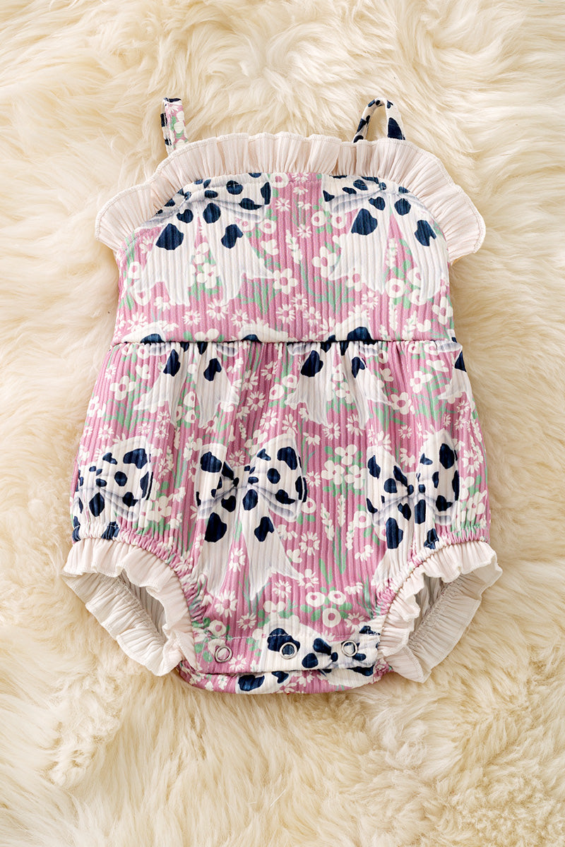Cameo cow coquette printed bow baby romper w/ruffle hem. RPG50743