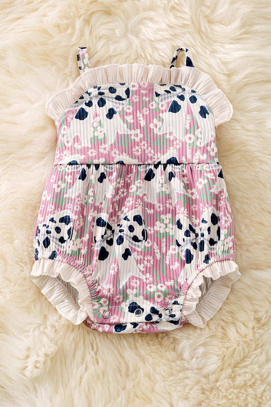 Cameo cow coquette printed bow baby romper w/ruffle hem. RPG50743