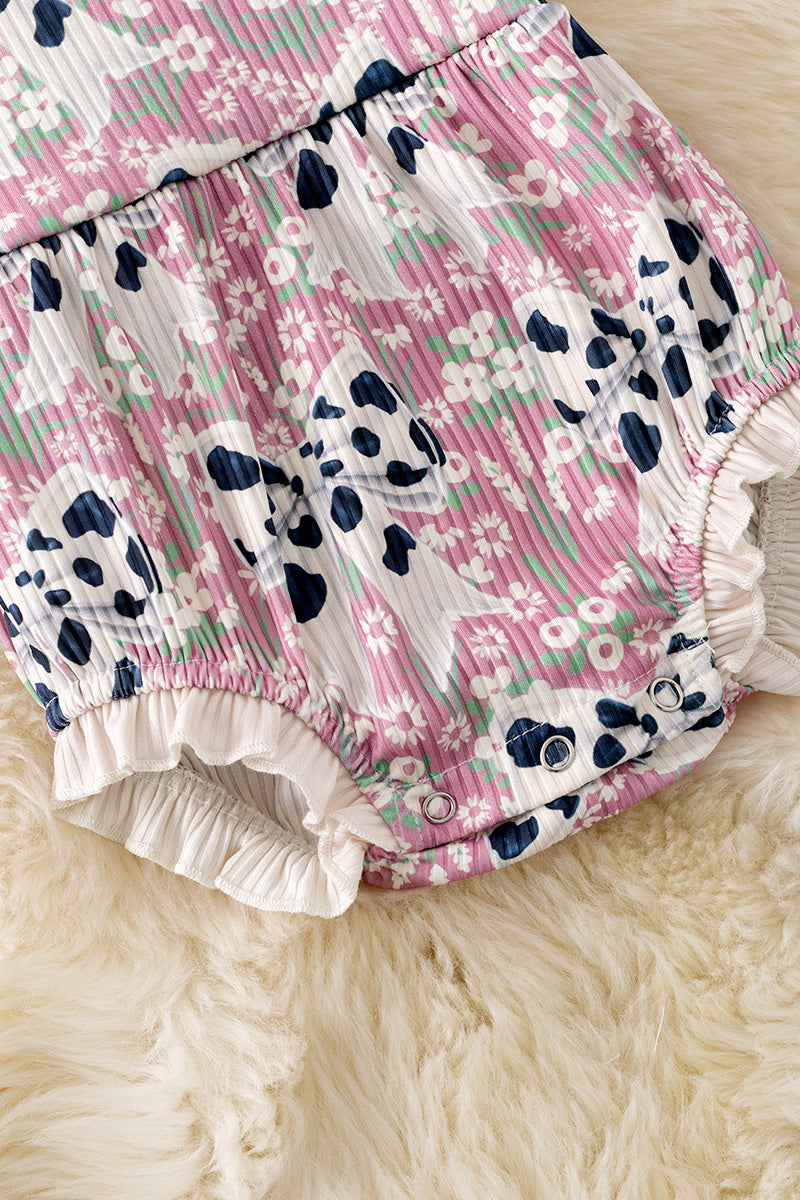 Cameo cow coquette printed bow baby romper w/ruffle hem. RPG50743