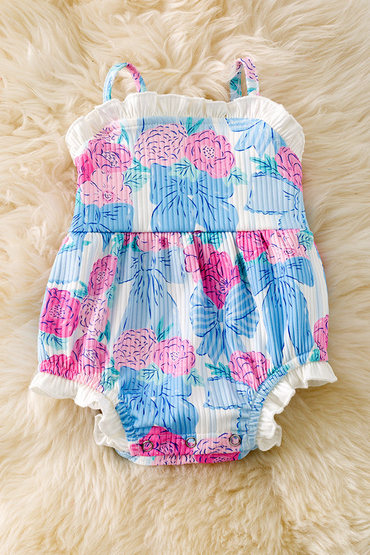 Bow & floral printed bow baby romper w/ruffle hem. RPG50744
