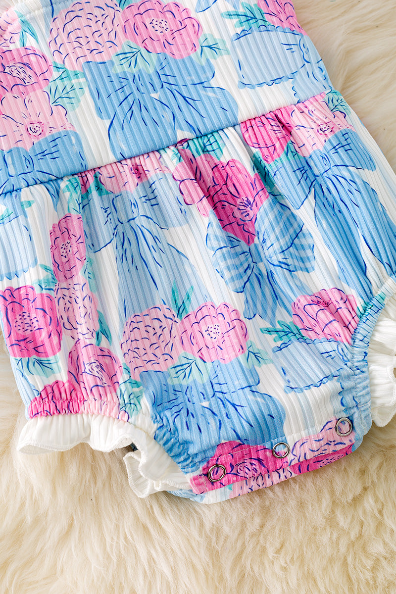 Bow & floral printed bow baby romper w/ruffle hem. RPG50744