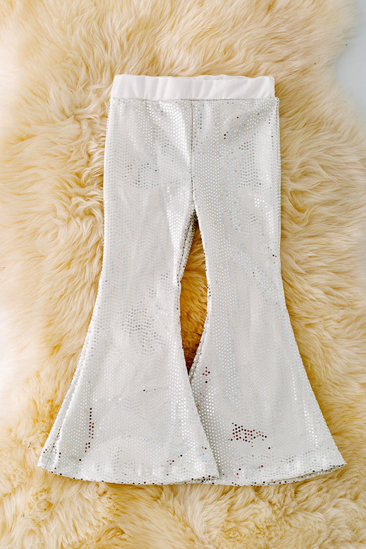 Silver, white  shimmery bell pants.