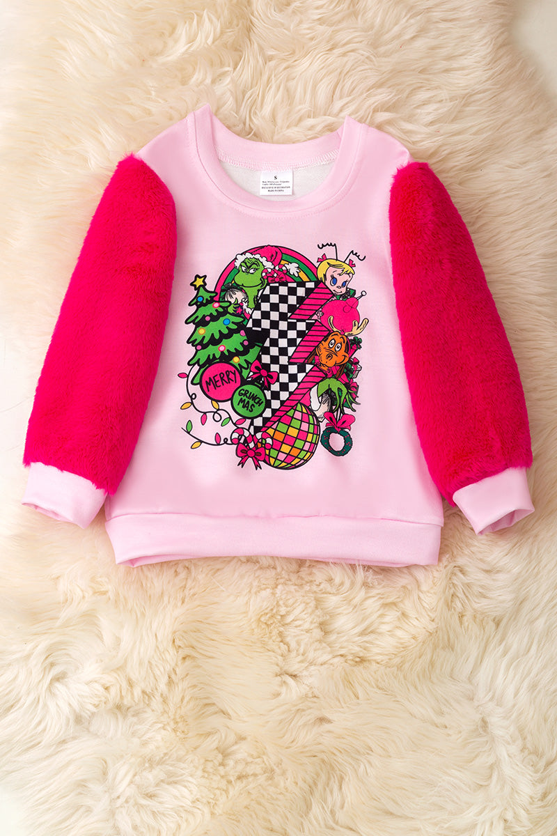 Merry Grinchmas" thunder printed pink sweatshirt with fuchsia faux fur sleeves.