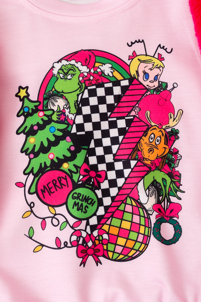 Merry Grinchmas" thunder printed pink sweatshirt with fuchsia faux fur sleeves.