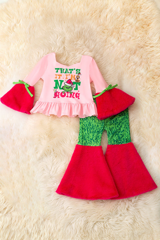 That's it. I'm not going" girls lt. pink tunic with faux fur bell sleeves and bell bottoms.