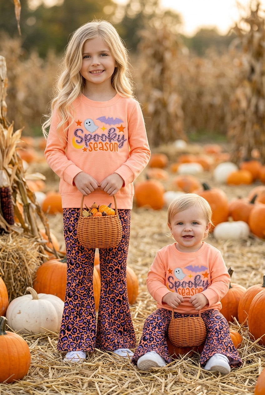 "Spooky Season" Coral applique sweatshirt with animal printed bell bottoms. OFG61728 -M-