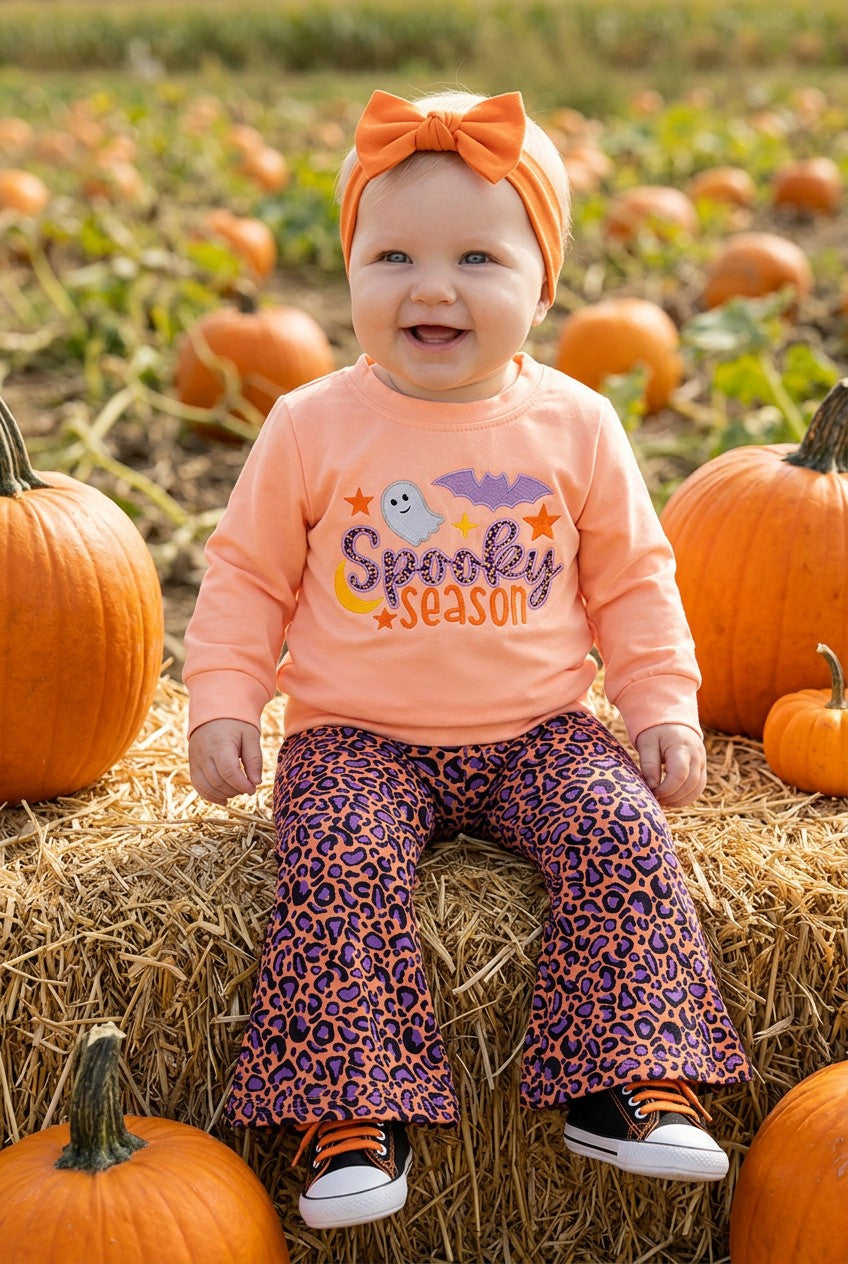 "Spooky Season" Coral applique sweatshirt with animal printed bell bottoms. OFG61728 -M-