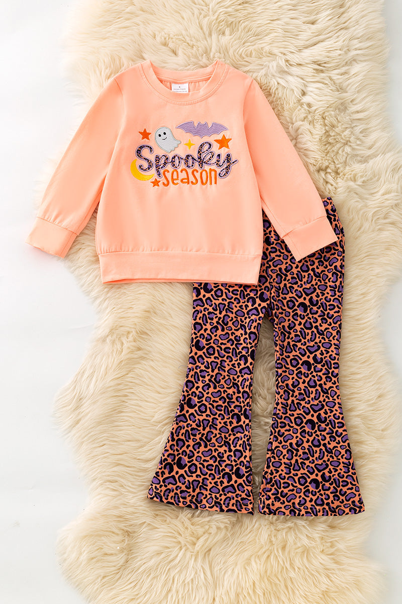 "Spooky Season" Coral applique sweatshirt with animal printed bell bottoms. OFG61728 -M-