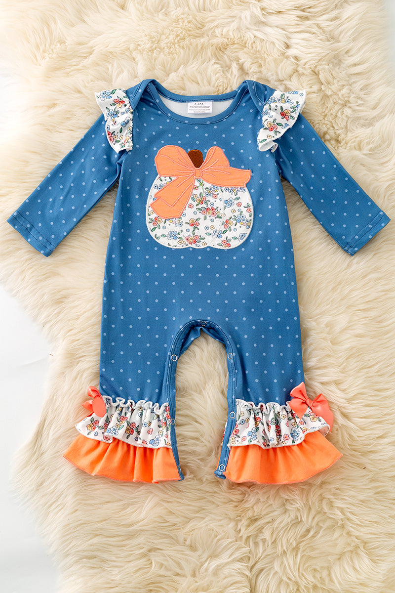 White polka dot on blue baby romper & pumpkin applique. RPG62735