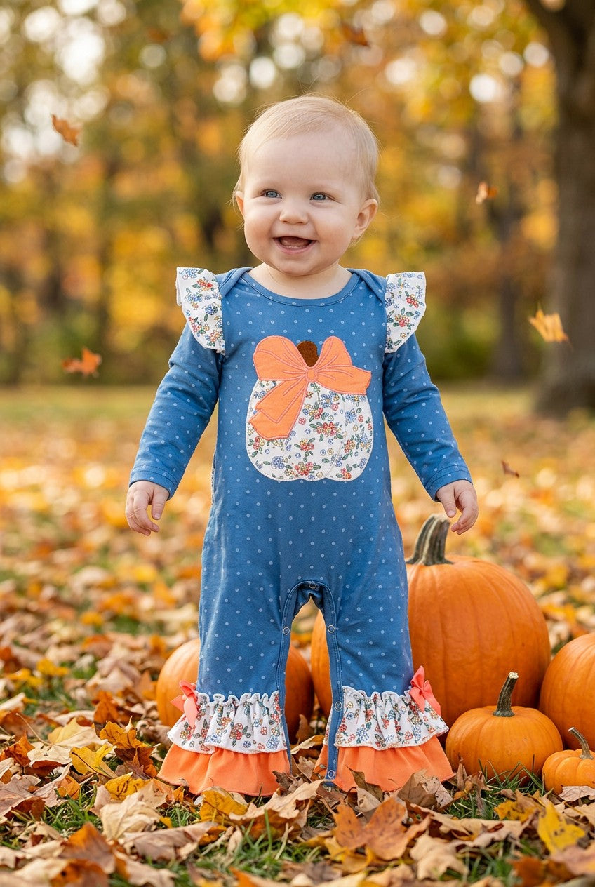 White polka dot on blue baby romper & pumpkin applique. RPG62735