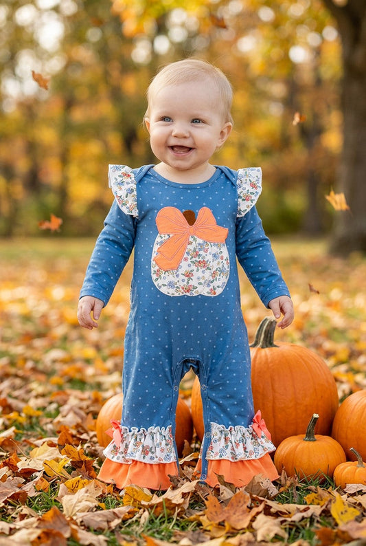 White polka dot on blue baby romper & pumpkin applique. RPG62735